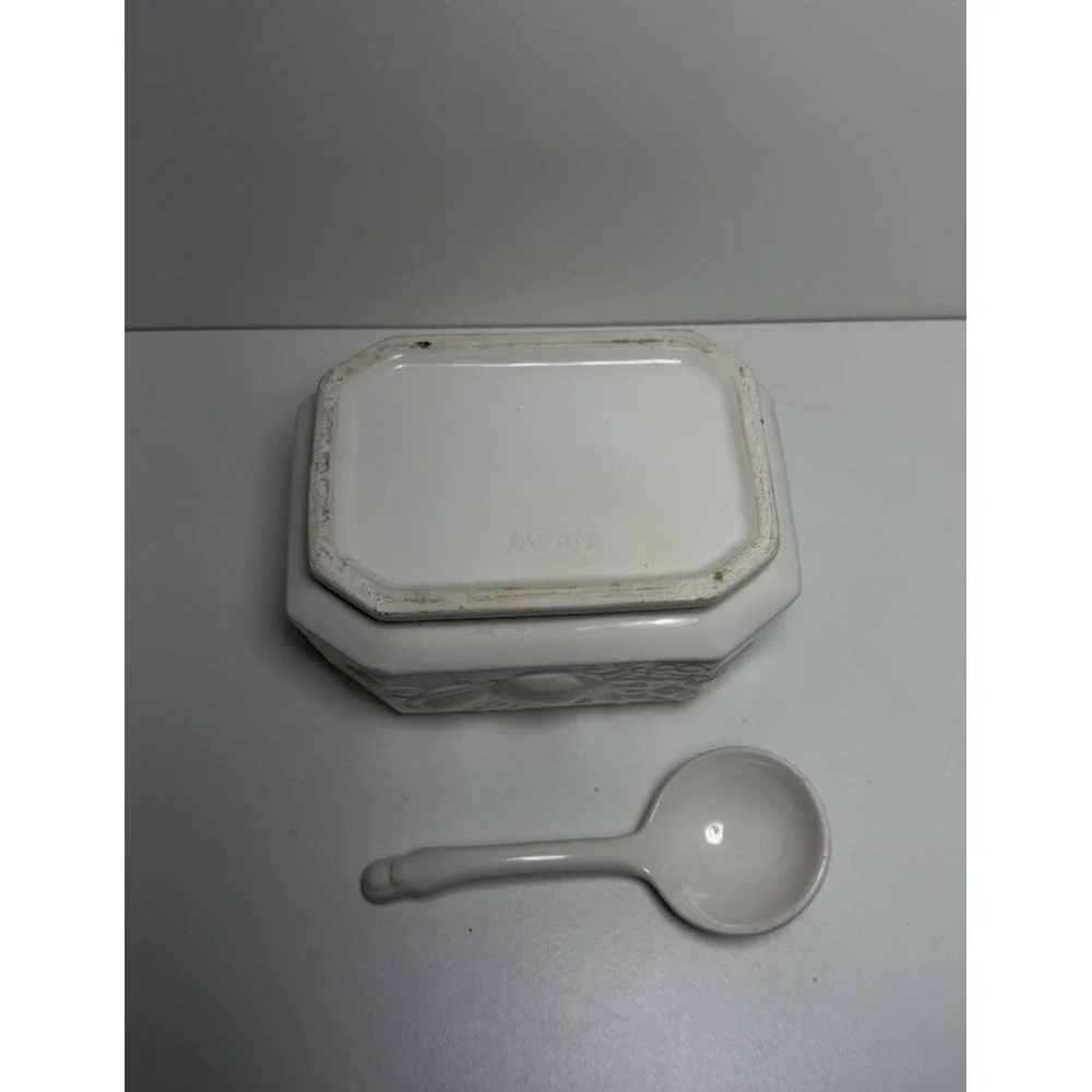 Vintage Glazed Ceramic‎ Tureen Made in Japan • White Fruit Design • Lid & Spoon